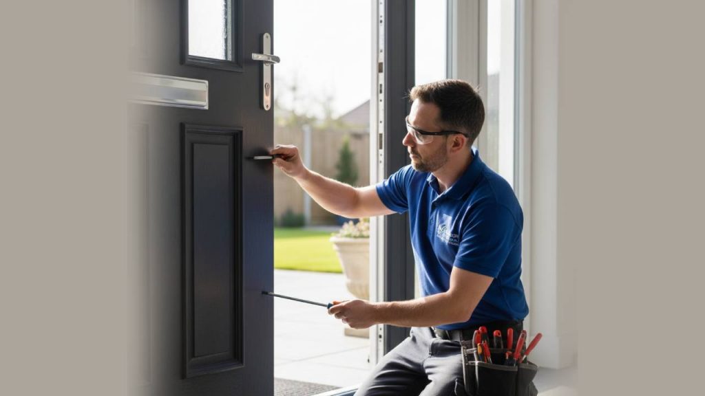 Acorn Windows Sealed: a worker sealing up a leaking door